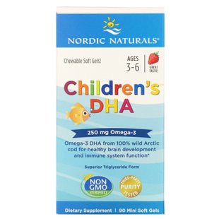 Дитяче ДГК, клубника, Children's DHA, Nordic Naturals, 250 мг, 90 мягких миникапсул купить в Киеве и Украине