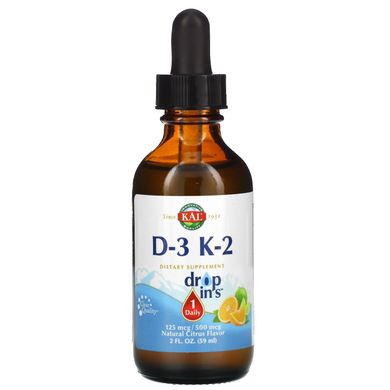Вітаміни D-3 і K-2, натуральний цитрусовий смак, D-3 and K-2, KAL, 2 р унц (59 мл)