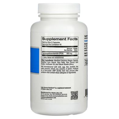 ПЕА (пальмітоілетаноламід), PEA (Palmitoylethanolamide), Lake Avenue Nutrition, 600 мг, 90 вегетаріанських капсул