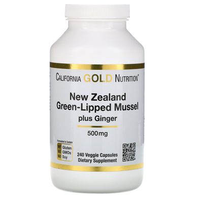 Новозеландський зеленогубий молюск із імбиром California Gold Nutrition (Green-Lipped Mussel Plus Ginger Joint Health Formula) 500 мг 240 капсул