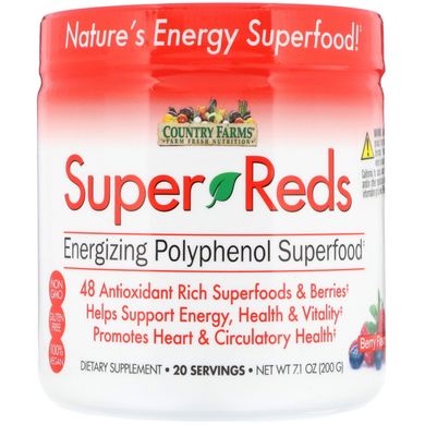 Super Reds, які насичують енергією суперпродукти з поліфенолами, зі смаком ягід, Country Farms, 7,1 унц (200 г)