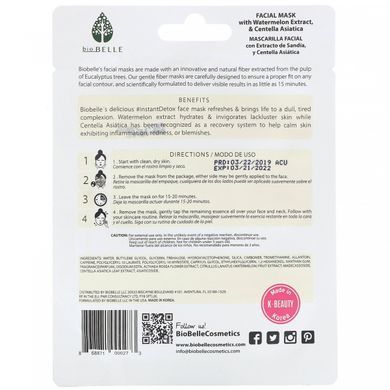 Маска для обличчя з ботанічного волокна, очищає і заспокоює, #InstantDetox, Biobelle, 1 лист, 25 г