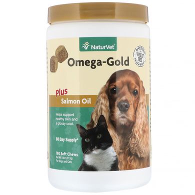 Omega-Gold з жиром лосося, добавка для собак і котів, покращення стану шкіри і шерсті, NaturVet, 180 м'яких жувальних таблеток