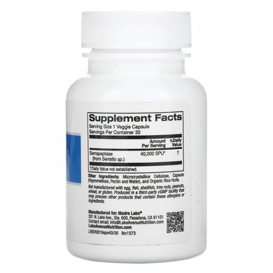 Серрапептаза, протеолітичний фермент, Serrapeptase, Proteolytic Enzyme, Lake Avenue Nutrition, 40000 МО, 30 вегетаріанських капсул