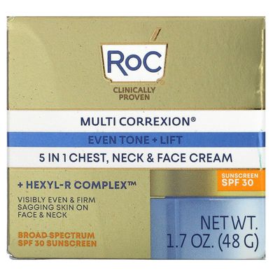 RoC, Multi Correxion, рівний тон + підтяжка, крем для грудей 5 в 1, шиї та обличчя, SPF 30, 1,7 унції (48 г)