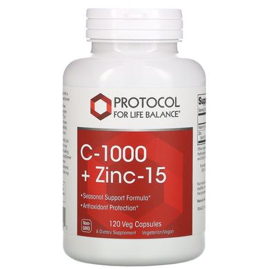 Вітамін С + цинк Protocol for Life Balance (C-1000 + Zinc-15) 120 вегетаріанських капсул