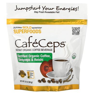 Сертифікована натуральна розчинна кава з кордицепсом та грибним порошком рейші California Gold Nutrition (CafeCeps Certified Organic Instant Coffee with Cordyceps and Reishi Mushroom Powder) 100 г