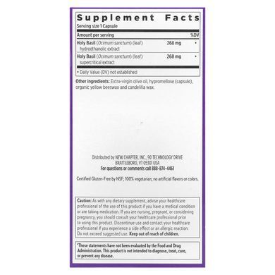 Holy Basil, dietary supplement based on Holy Basil, Holy Basil Force, New Chapter, 120 capsules in a vegetable shell.