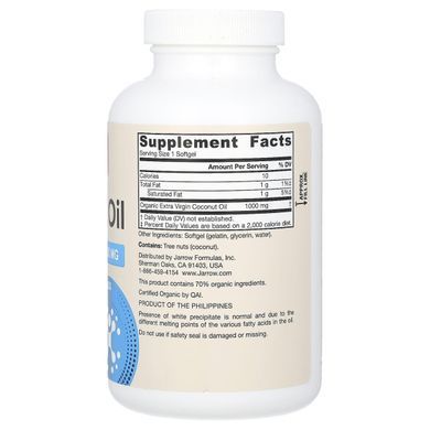 Кокосова олія холодного віджиму Jarrow Formulas (Cold Pressed Coconut Oil) 1000 мг 120 капсул