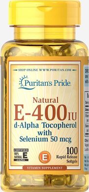 Вітамін Е-Селен натуральний, Vitamin E-with Selenium Natural, Puritan's Pride, 400 МО, 100 капсул