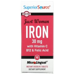Superior Source, Just Women, залізо з вітаміном C, B12 та фолієвою кислотою, 15 мг, 90 таблеток для миттєвого розчинення MicroLingual