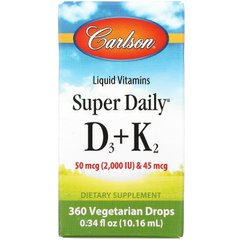 Рідкі вітаміни Д3 і К2, Super Daily D3 + K2, Carlson Labs, 50 мкг, 0,34 ж. унц. (10,16 мл)