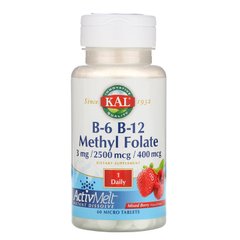Вітамін В-6 і В-12 метилфолат, змішана ягода, B-6, B-12 Methyl Folate ActivMelt, KAL, 3 мг Рос / 2500 мкг / 400 мкг, 60 таблеток