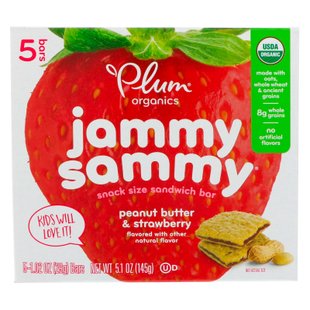 Органические батончики Jammy Sammy,арахисовая паста и клубника, Plum Organics, 5 батончиков по 29 г шт. (1.02 oz) купить в Киеве и Украине