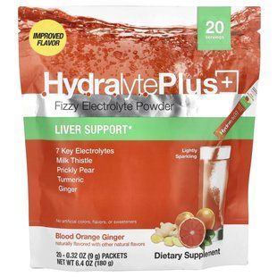 Hydralyte Plus+, Fizzy Electrolyte Powder, Blood Orange Ginger, 20 Packets, 0.32 oz (9 g) Each купить в Киеве и Украине