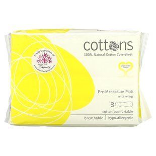 100% Natural Cotton Coversheet, Pre-Menopause Pads with Wings, Cottons Comforts, 8 pads