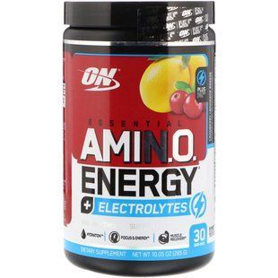 Amino acids + electrolytes Optimum Nutrition (Essential Amino Energy + Electrolytes) with cherry lemonade flavor.