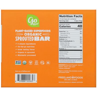 Органічний батончик з пророщених зерен Go Raw (Organic Sprouted Bar) 10 шт. зі смаком абрикос-лляне насіння