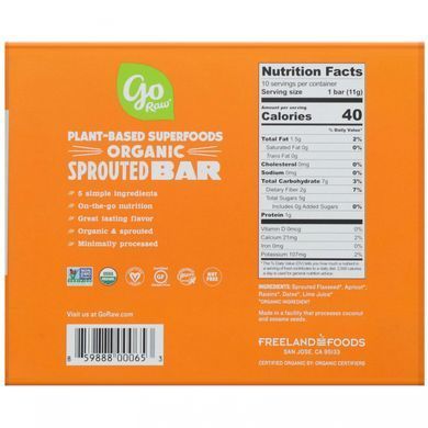 Органический батончик из пророщенных зерен Go Raw (Organic Sprouted Bar) 10 шт. со вкусом абрикос-льняное семя купить в Киеве и Украине
