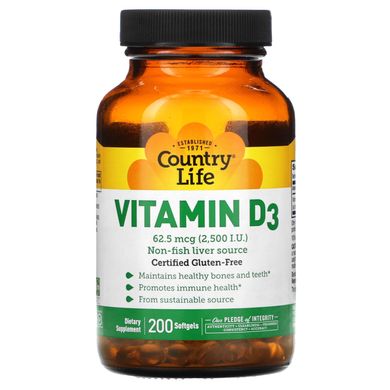 Вітамін D3, Country Life 2500 МО, 200 желатинових капсул