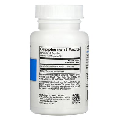 ПЕА (пальмітоілетаноламід), PEA (Palmitoylethanolamide), Lake Avenue Nutrition, 600 мг, 30 вегетаріанських капсул