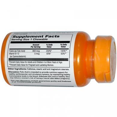 Фолиевая кислота и Витамин B12 Thompson (Folic acid with vitamin B12) 800 мкг/5 мкг 30 жевательных таблеток купить в Киеве и Украине