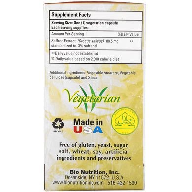 Екстракт шафрану, Bio Nutrition, 50 капсул на рослинній основі