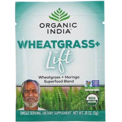 Пшенична трава, суміш суперпродуктів, Wheatgrass + Lift, Superfood Blend, Organic India, 15 упаковок по 0,18 унції (5 г) кожна