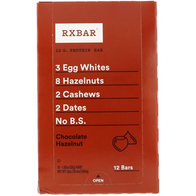 Протеїновий батончик, шоколад з фундуком, RXBAR, 12 батончиків по 1,83 унц (52 г)