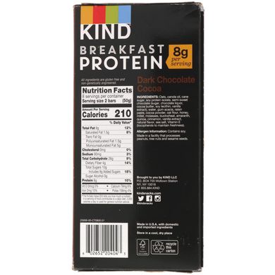 Протеїн для сніданку, темний шоколад, какао, KIND Bars, 8 упаковок по 2 батончика, по 1,76 унції (50 г) кожен