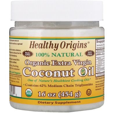 Органическое кокосовое масло, Organic Extra Virgin Coconut Oil, Healthy Origins, 16 унций (454 г) купить в Киеве и Украине