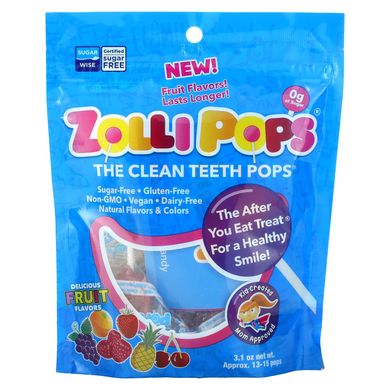 The Clean Teeth Pops, полуниця, апельсин, малина, вишня, виноград, ананас, приблизно, Zollipops, 15 льодяників ZolliPops, 3,1 унції