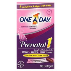 One-A-Day, Prenatal 1 з фолієвою кислотою, DHA та залізом, мультивітамінна / мультимінеральна добавка, 30 м'яких таблеток