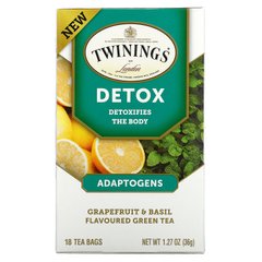 Twinings, Детокс, адаптогени, зелений чай зі смаком грейпфрута та базиліка, 18 чайних пакетиків, 1,27 унції (36 г)