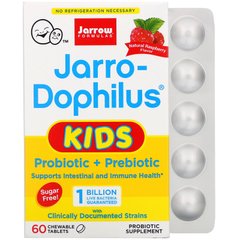 Дитячі пробіотик + пребіотик, без цукру, зі смаком малини, Jarro-Dophilus Kids, Probiotic + Prebiotic, Sugar Free, Natural Raspberry Flavor, Jarrow Formulas, 1 мільярд живих бактерій, 60 жувальних таблеток