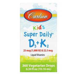 Детские дневные витамины Д3 + K2, Kids Super Daily D3 K2, Carlson Labs, 25 мкг (1000 МЕ) и 22,5 мкг, 0,34 жидкой унции (10,16 мл) купить в Киеве и Украине