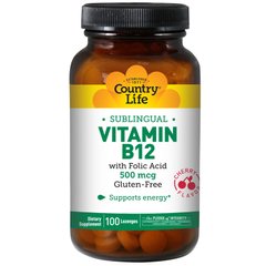 Витамин В-12 и фолиевая кислота Country Life (Vitamin B12) со вкусом вишни 500 мкг/400 мкг 100 леденцов со вкусом вишни купить в Киеве и Украине