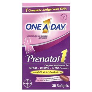 One-A-Day, Prenatal 1 з фолієвою кислотою, DHA та залізом, мультивітамінна / мультимінеральна добавка, 30 м'яких таблеток