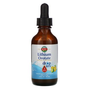 Оротат лития в каплях, натуральный вкус лимона и лайма, Lithium Orotate Drops, Natural Lemon Lime Flavor, KAL, 2 ж. унц. (60 мл) купить в Киеве и Украине