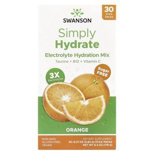 Swanson, Simply Hydrate, Electrolyte Hydration Mix, Sugar Free, Orange, 30 Stick Packs, 0.21 oz (5.84 g) Each купить в Киеве и Украине