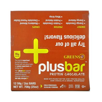 Plusbar, протеїни і шоколад, Greens Plus, 12 батончиків по 59 г