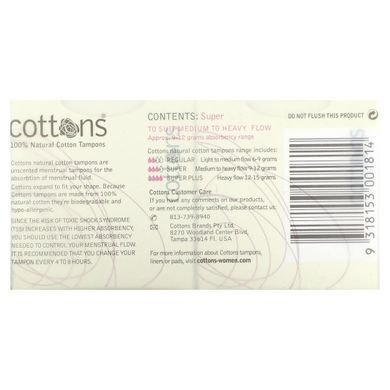 Cottons Conforts, 100% Natural Cotton Tampons, Super, Unscented, 16 Tampons