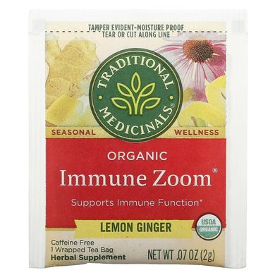 Traditional Medicinals, Organic Immune Zoom, лимонний імбир, без кофеїну, 16 чайних пакетиків в упаковці, 1,13 унції (32 г)