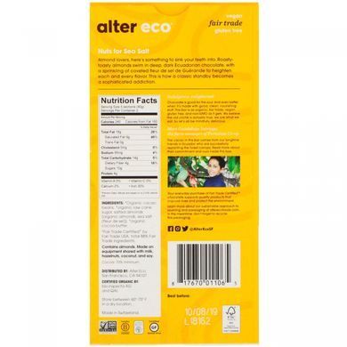 Organic chocolate bar, deep dark salted almond, Alter Eco, 80 g.