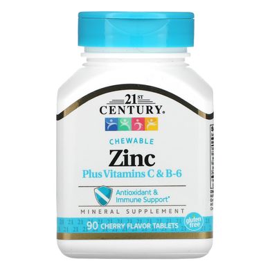 Цинк + вітаміни C та B6 вишневий смак 21st Century (Zinc Plus Vitamins C&B-6 Chewable Cherry Flavor) 90 жувальних таблеток