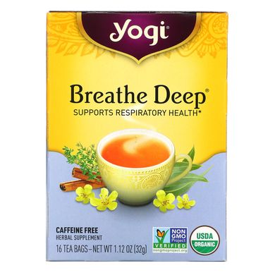 Органічний, Breathe Deep без кофеїну, Yogi Tea, 16 чайних пакетиків, 112 унцій (32 г)