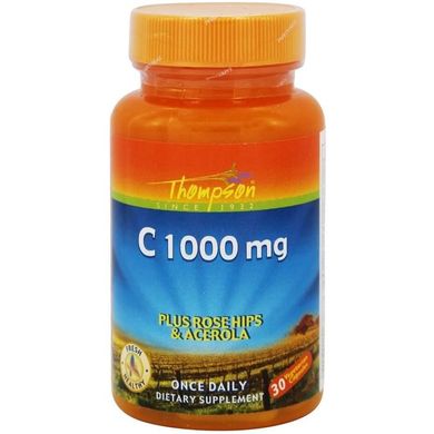 Вітамін С (шипшина, ацерола), C + Rose Hips & Acerola, Thompson, 1000 мг, 30 вегетаріанських таблеток
