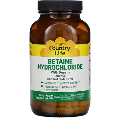 Бетаїну гідрохлорид, з пепсином, Country Life, 600 мг, 250 таблеток