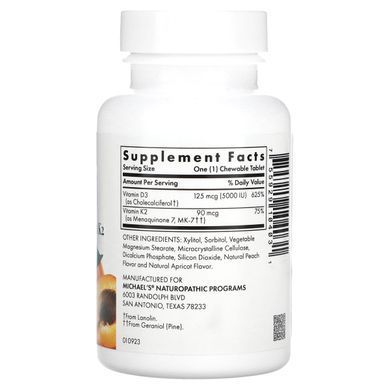 Vitamin D3, with vitamin K2, natural apricot flavor, 5000 IU, Michaels Naturopathic, 90 chewable tablets.