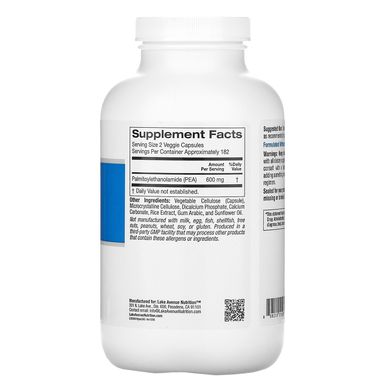 ПЕА (пальмітоілетаноламід), PEA (Palmitoylethanolamide), Lake Avenue Nutrition, 600 мг, 365 вегетаріанських капсул
